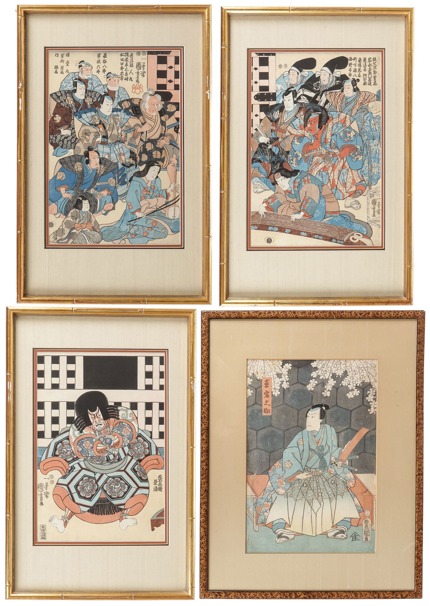 FOUR JAPANESE WOODBLOCK PRINTS: FOUR JAPANESE WOODBLOCK PRINTS. Comprising four Japanese woodblock prints including three forming a triptych by Utagawa Kuniyoshi, each contained in a matching glazed gilt frame, and another of a samu