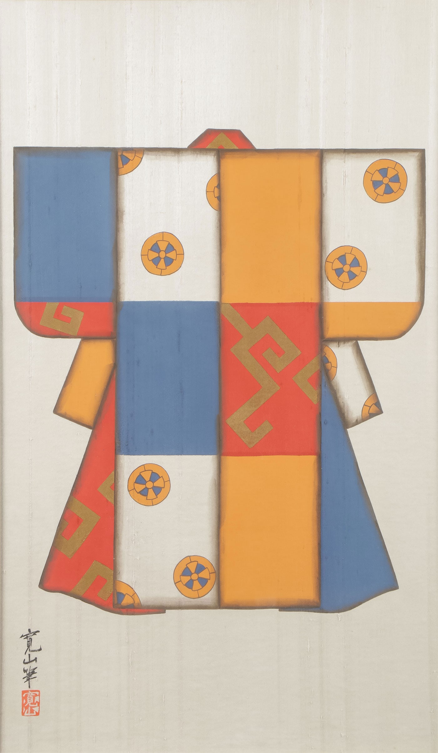 SIGNED ORIGINAL PAINTING CHINESE CEREMONIAL ROBE: SIGNED ORIGINAL PAINTING CHINESE CEREMONIAL ROBE. Comprising an oil with beeswax on linen laid on cardboard depiction of a ceremonial robe, signed lower right and with red artist's seal. Contained in