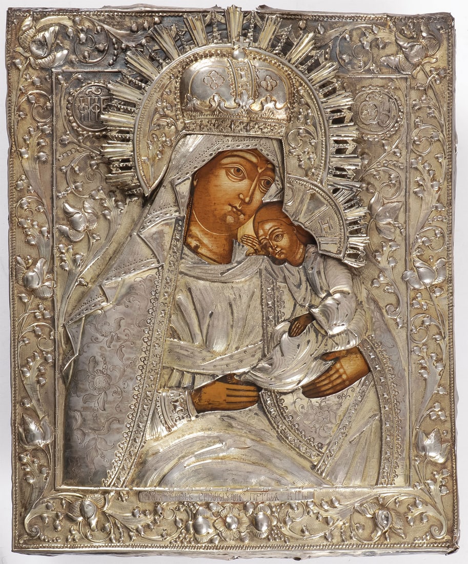 RUSSIAN ICON OF THE MOTHER OF GOD, 18TH C: RUSSIAN ICON OF THE MOTHER OF GOD, 18TH C. Comprising a Russian icon of the less frequently encountered subject titled, "The Mother of God Deliverance from the Suffering of Distress" C. 1780. Overlaid