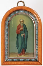 A RUSSIAN SILVER & ENAMEL ICON OF ST. ANDREW