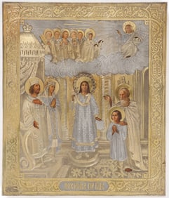 A FINE RUSSIAN ICON OF THE POKROV MOTHER OF GOD