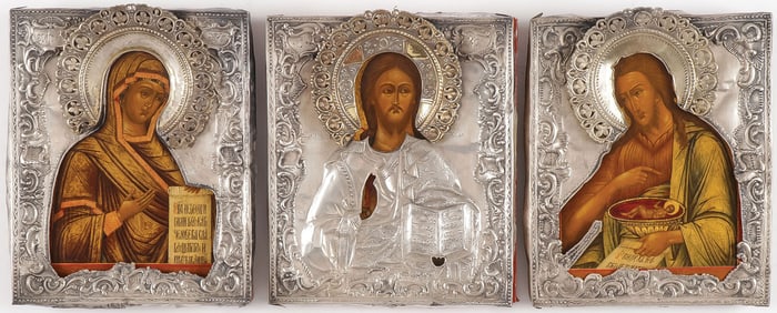 RUSSIAN ICON DEISIS GROUP WITH IMPERIAL PLAQUE