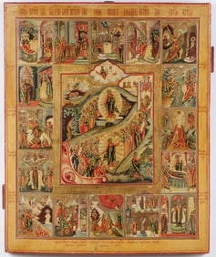 LARGE RUISSIAN ICON RESURRECTION & FEASTS, 18TH C