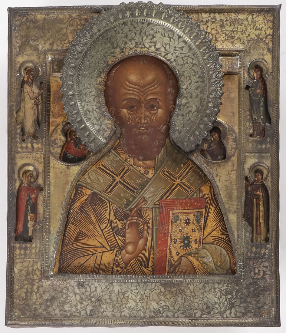 RUSSIAN ICON OF ST. NICHOLAS: RUSSIAN ICON OF ST. NICHOLAS. Traditionally depicted as a bishop imparting a blessing and holding a book of Gospels. The borders painted with the Guardian Angel, Saints Ulita and Kirik, St. John the F