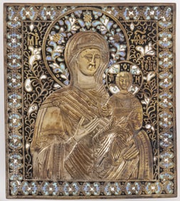 A LARGE RUSSIAN BRASS & ENAMEL ICON, 19TH C