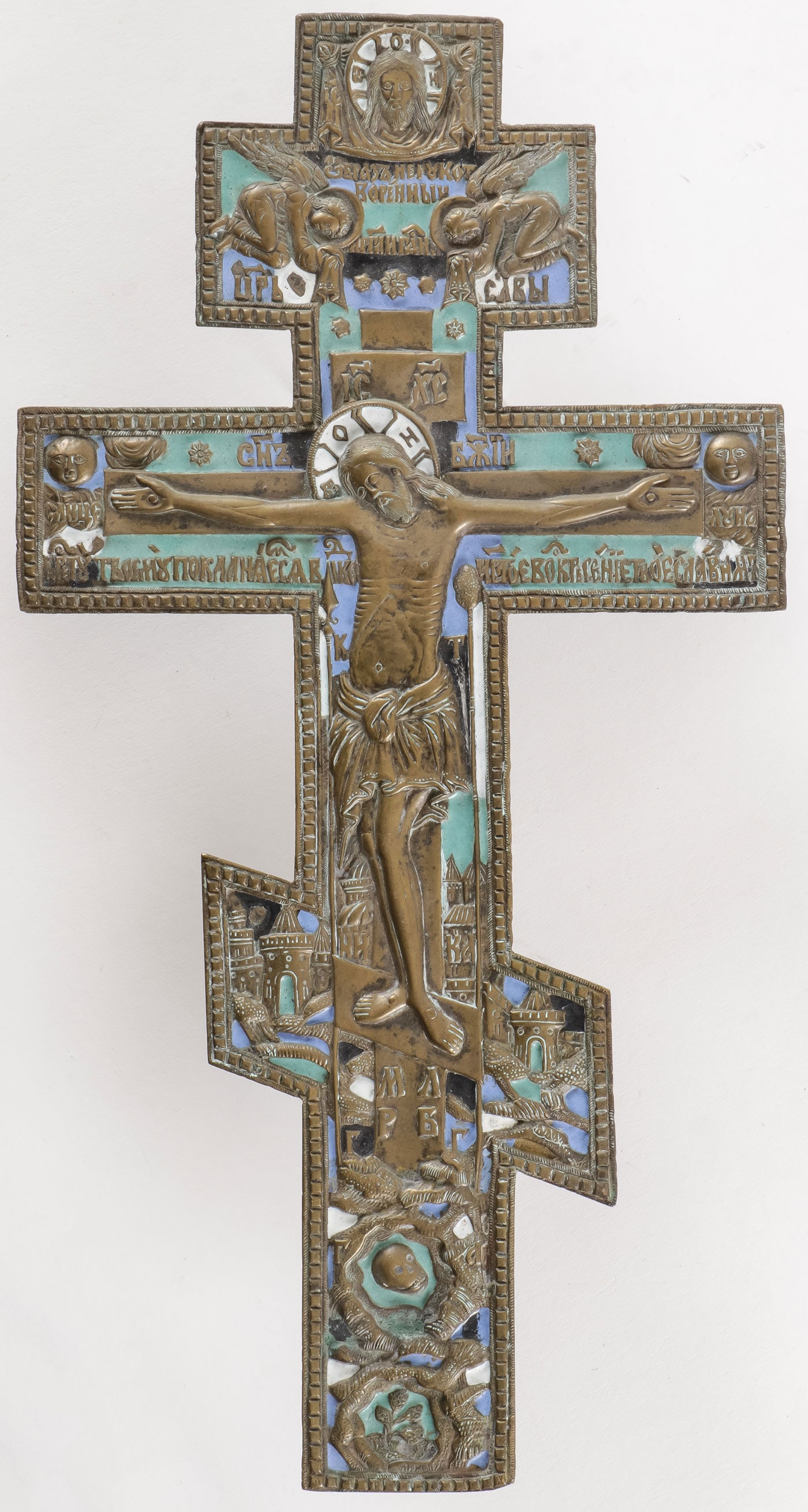 LARGE CAST BRASS & ENAMEL RUSSIAN CRUCIFIX (1 of 2)