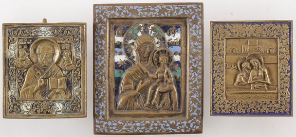 3 CAST BRASS & ENAMEL RUSSIAN ICONS, 19TH C