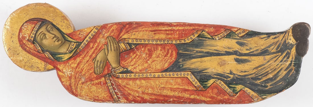 RUSSIAN ICON OF THE DORMITION, 19TH C: RUSSIAN ICON OF THE DORMITION, 19TH C. Comprising an interesting icon painted on a carved shaped wood panel, and depicting the Recumbent Mother of God, as she is illustrated on icons of the Dormition.