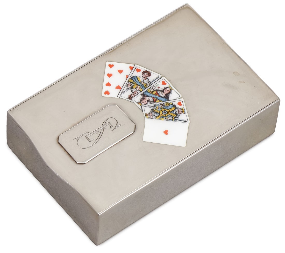 RUSSIAN SILVER & ENAMEL CARD CASE GRACHEV: RUSSIAN SILVER & ENAMEL CARD CASE GRACHEV. Comprising a unique silver gilt and enamel playing card case, the hinged lid with a spread of en plein enameled playing cards in the suite of hearts. The lid