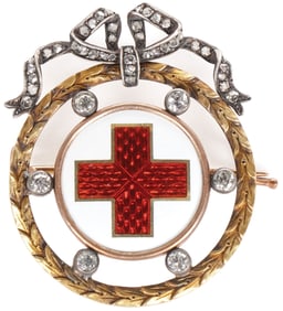 A FABERGÉ GOLD, DIAMOND & ENAMEL RED CROSS BROOCH