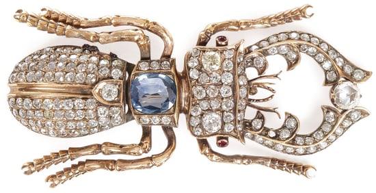 LARGE ORNATE RUSSIAN GOLD & JEWELED BEETLE BROOCH