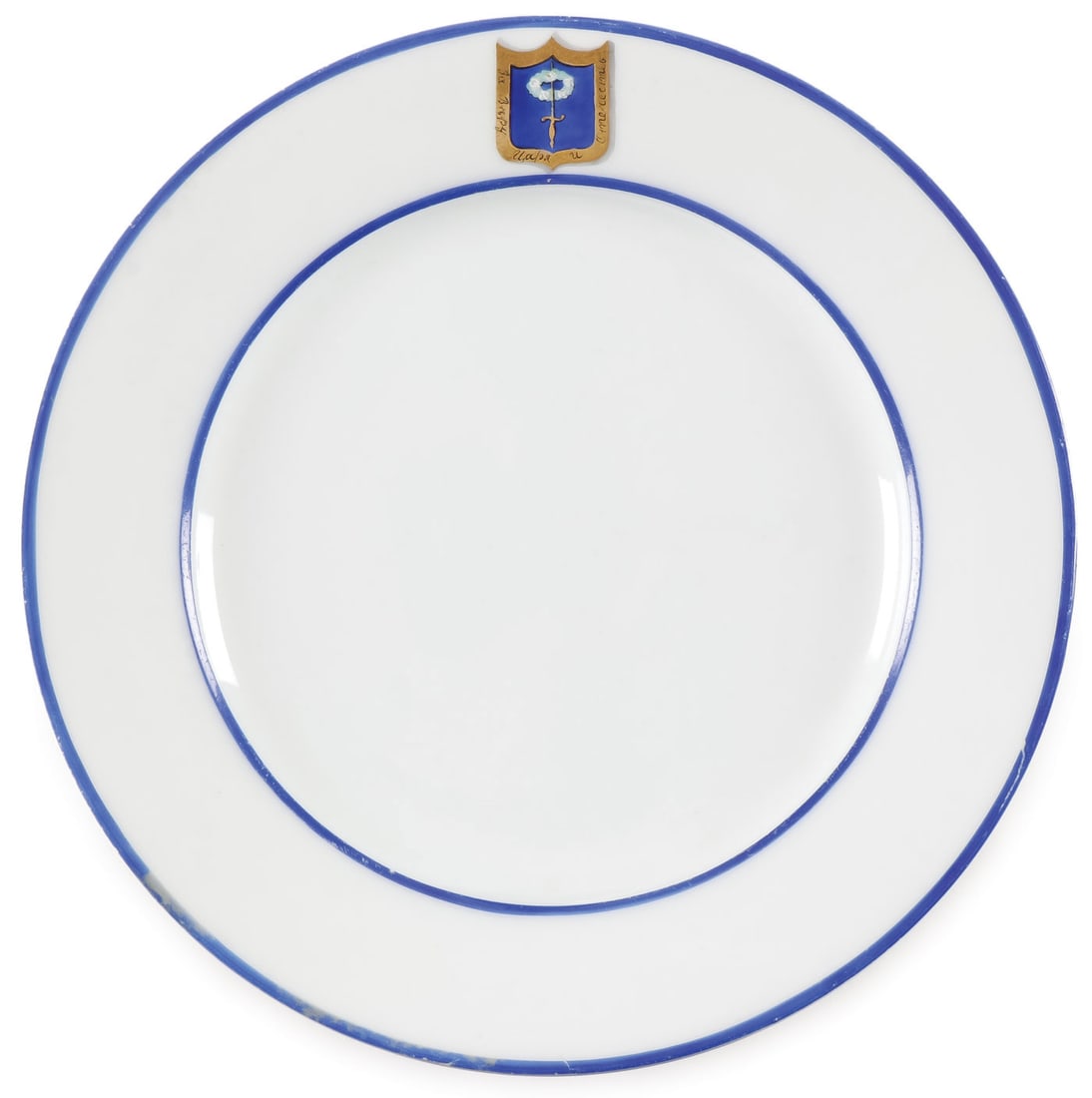 RUSSIAN IMPERIAL PORCELAIN YACHT SERVICE PLATE: RUSSIAN IMPERIAL PORCELAIN YACHT SERVICE PLATE. Comprising a luncheon plate from the Imperial Yacht Alexandria. With blue banding and at top center a gold bordered shield with the motto "For Faith and