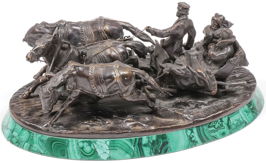 RUSSIAN BRONZE ON MALACHITE BASE: RUSSIAN BRONZE ON MALACHITE BASE. Comprising a patinated bronze winter troika scene after Vasiliy Yakovich Grachev (Russian 1831-1905). Base signed in Cyrillic Sculptor Grachev and with Woerffel found