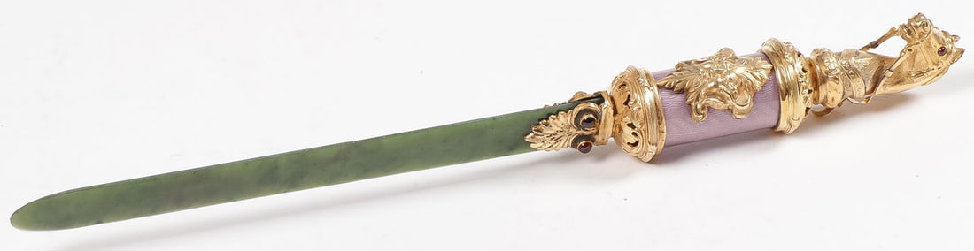 SILVER GILT, ENAMEL AND NEPHRITE PAPER KNIFE (1 of 4)