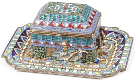 RUSSIAN SILVER & ENAMEL BOX AND TRAY