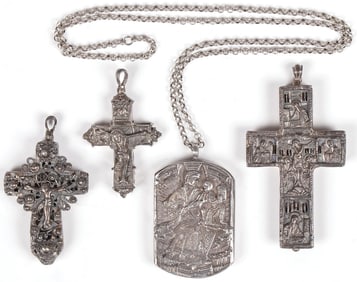 GROUP OF SILVER CROSSES AND PENDANT
