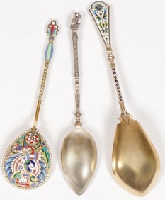 THREE SILVER GILT & ENAMELED SPOONS, C. 1900