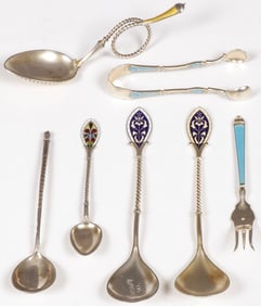 SEVEN MIXED SILVER & ENAMELED UTENSILS