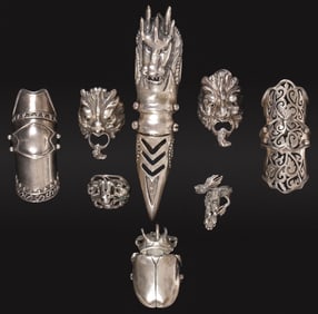 EIGHT INTERESTING SILVER FANTASY RINGS