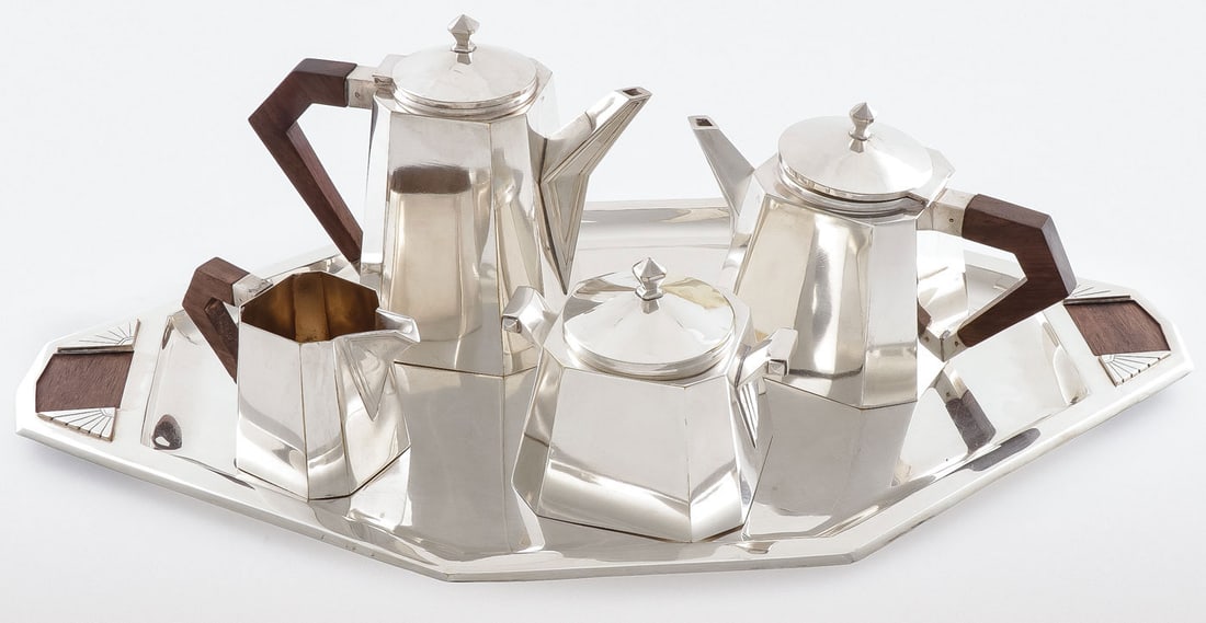 FIVE-PIECE ART DECO SILVER PLATED TEA/COFFEE SET (1 of 3)