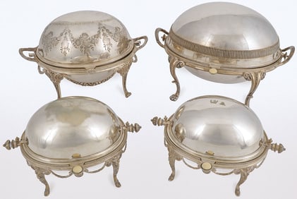 FOUR ENGLISH SILVER-PLATED REVOLVING TUREENS