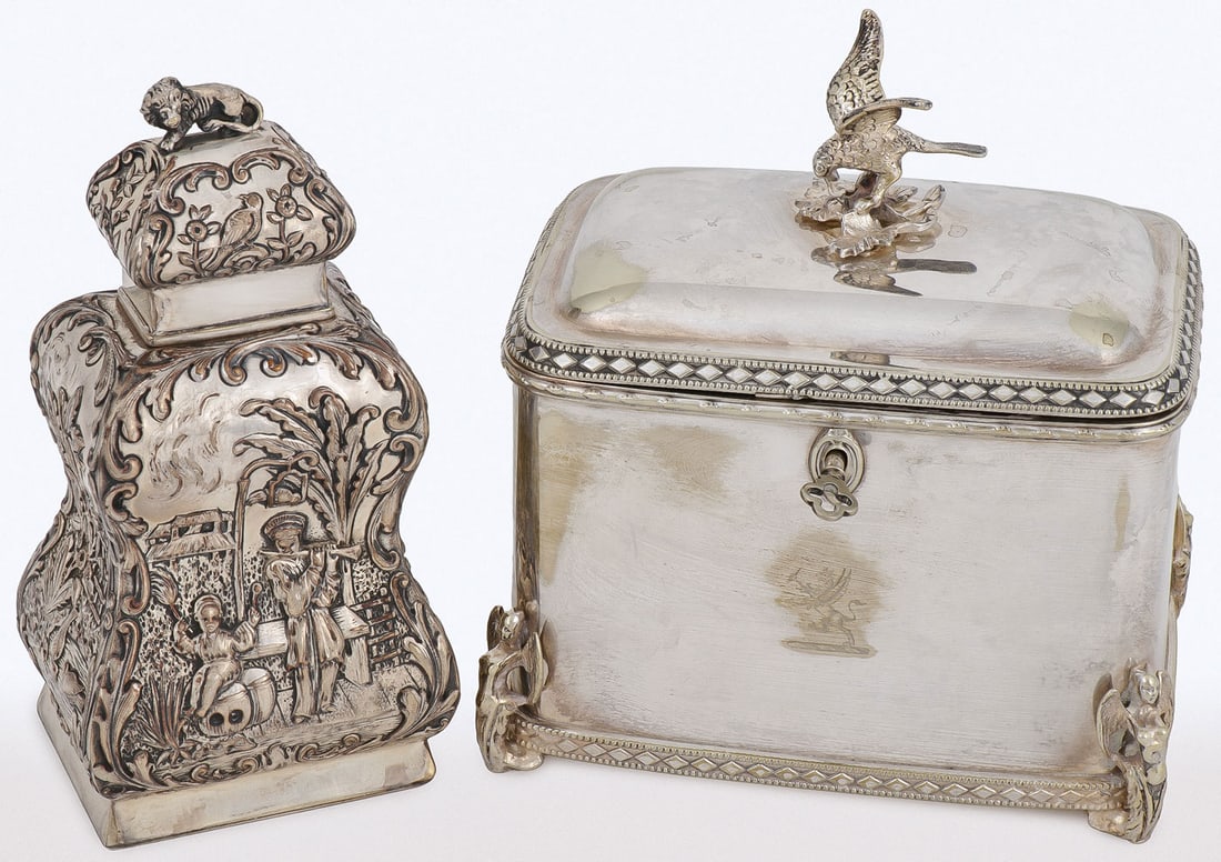 PR OF 19TH CENTURY SILVER-PLATE TEA CADDIES: PR OF 19TH CENTURY SILVER-PLATE TEA CADDIES. Comprising a pair of attractive silver-plated tea caddies. The largest of rectangular form with rounded corners, resting on four raised feet modeled as win
