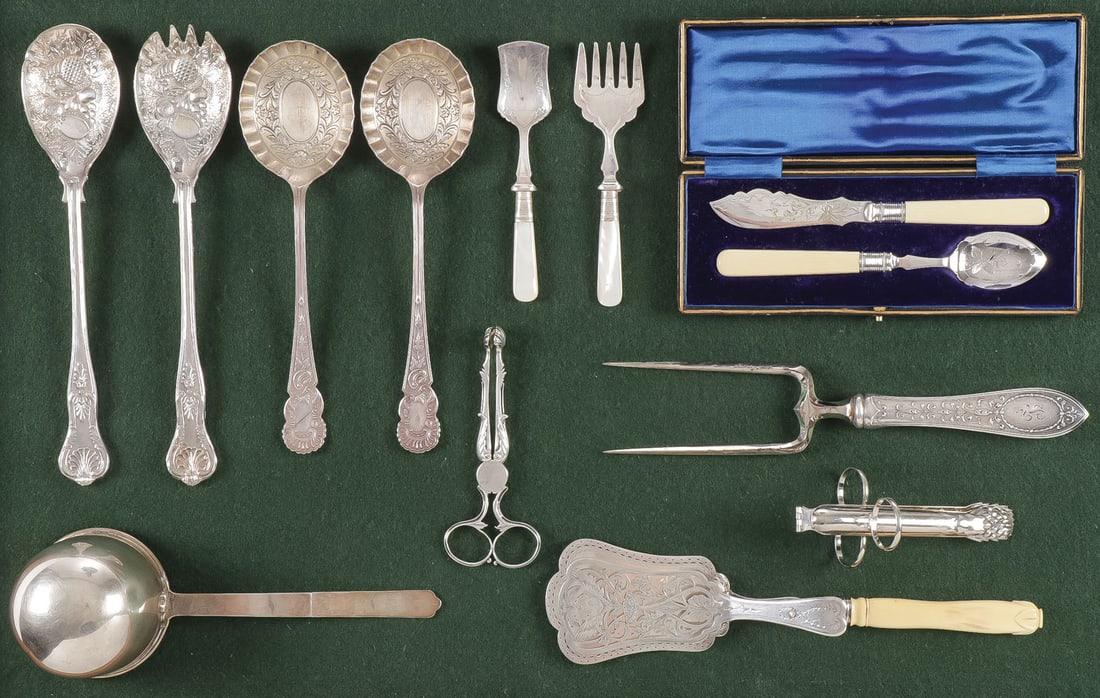 GOOD MIXED GROUP ENGLISH VICTORIAN SILVER PLATE: GOOD MIXED GROUP ENGLISH VICTORIAN SILVER PLATE & SILVER. Comprising 13 individual pieces, including two matched sets of decorated serving spoons, a set of mother-of-pearl-handled sardine fork and kni