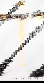 IMPRESSIVE CARVED SPANISH COLONIAL CRUCIFIX, 19TH: IMPRESSIVE CARVED SPANISH COLONIAL CRUCIFIX, 19TH C. Comprising a large and impressive carved, gilt, and polychrome crucifix. Resting on a half-round socle base, the cross set with a finely carved Cor