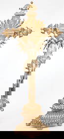 A FINE CARVED & GILT-WOOD SPANISH CRUCIFIX, 19TH: A FINE CARVED & GILT-WOOD SPANISH CRUCIFIX, 19TH C. Comprising a finely carved Spanish altar crucifix. Resting on a finely carved three-paw base, the gilt carved cross incorporating a carved sunburst