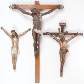 THREE SPANISH COLONIAL CARVED CORPUS CHRISTIS