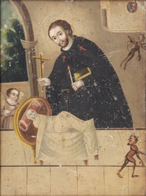 GOOD MEXICAN FOLK RETABLO ST. CAMILO, 19TH C