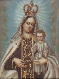 SPANISH COLONIAL PAINTING, 19TH CENTURY: SPANISH COLONIAL PAINTING, 19TH CENTURY. Comprising a finely painted oil on metal depiction of Our Lady of Mt. Carmel, contained in an attractive Renaissance-style gilt decorated frame. 9.75 x 7 inche