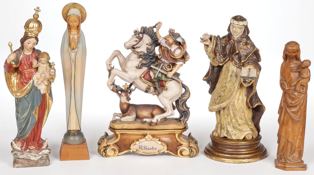 FIVE GERMAN CARVED RELIGIOUS STATUES (1 of 2)