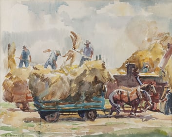 GREAT REGIONALIST FARM SCENE PAINTING, 1942