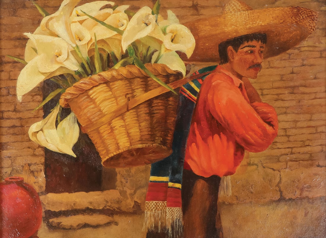 SIGNED MEXICAN SCENE PAINTING: Attributed to EDNA MARIE DUNN (American 1893-1983) Flower Vendor Oil on canvas board Signed lower right "Edna Dunn" 17.75 x 23.5 inches, overall including frame 23.5 x 29.5 inches A graduate