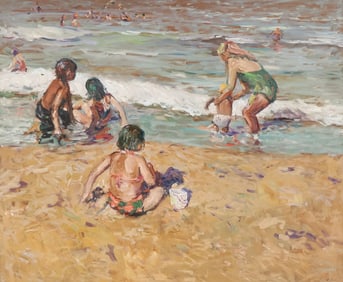 GREAT SIGNED BEACH SCENE PAINTING