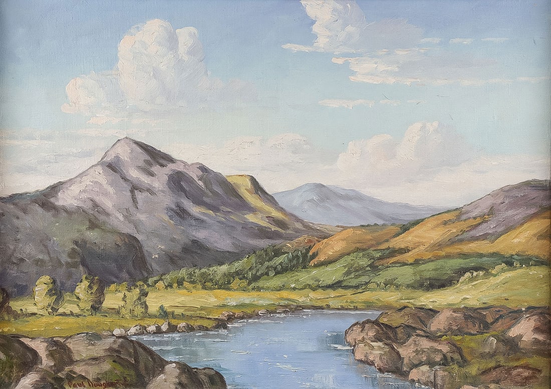 CALIFORNIA MOUNTAINOUS LANDSCAPE: Attributed to PAUL DOUGHERTY (American 1877-1947)Mountain Landscape with Stream Oil on canvasBears signature lower left19.75 x 27.5 inches, overall including frame 23.25 x 31.5 inches