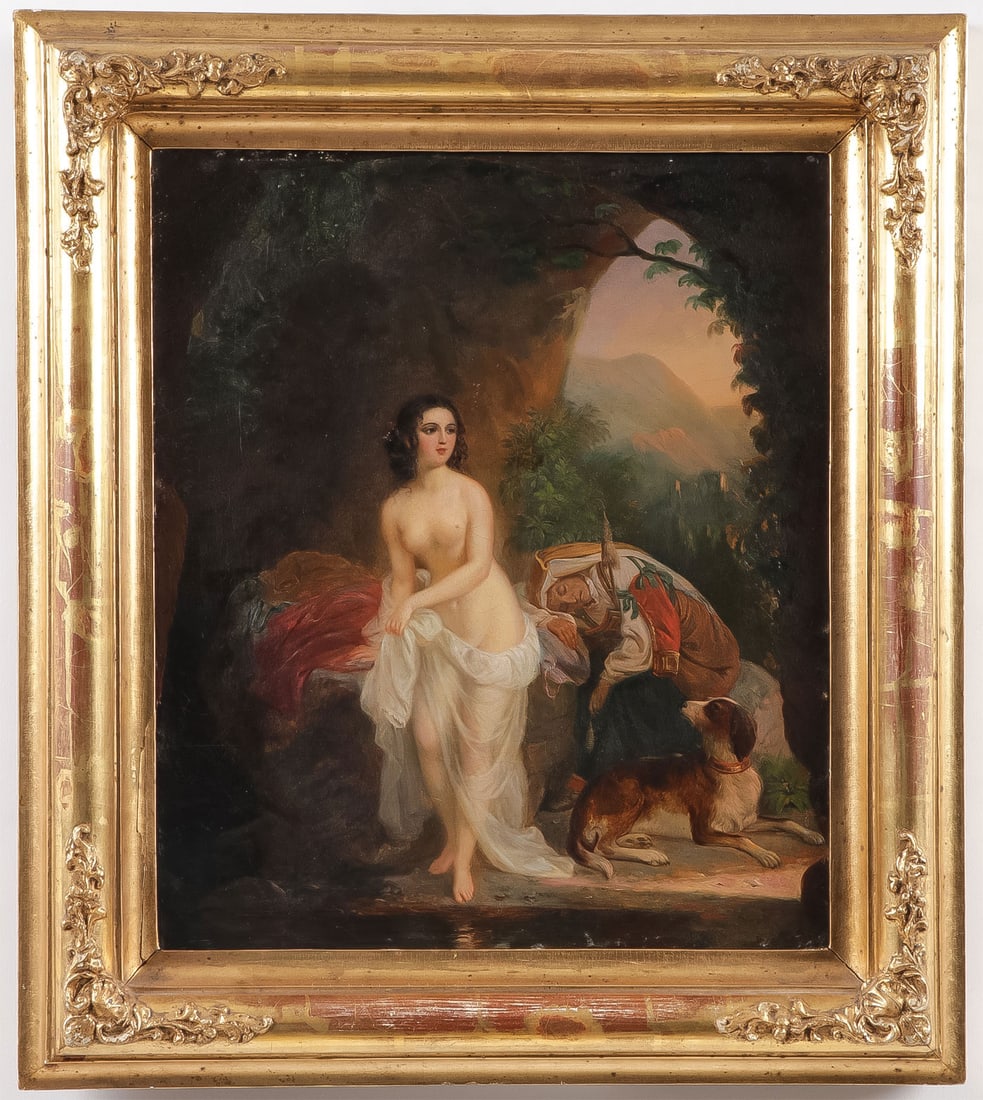 19TH C NUDE GENRE PAINTING: ROBERT WILHELM EKMAN (Finnish 1808-1873) Bathing Nude Woman with Dog and Chaperone Oil on canvas Inscribed on stretcher Ekman 13.5 x 11.5 inches (34.5 x 29cm), overall including frame 17.5 x 15.5 inch