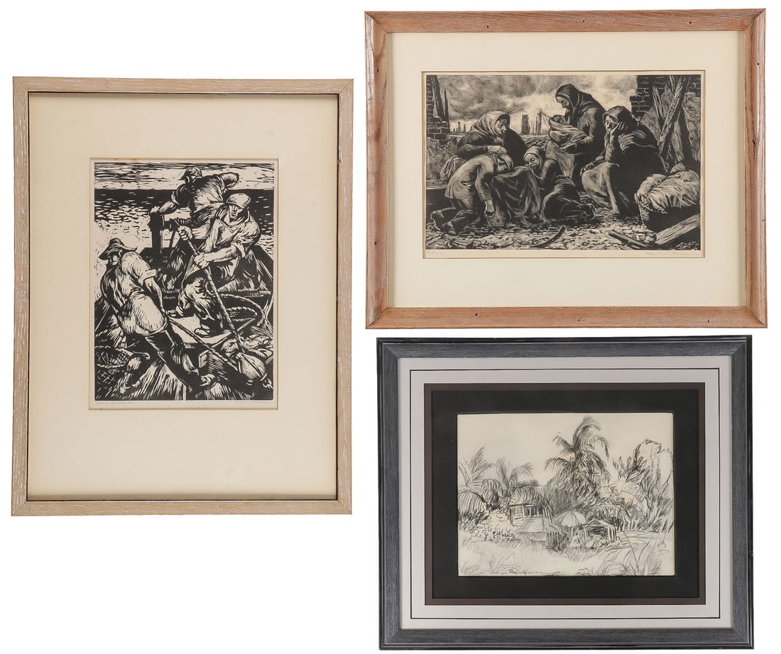 THREE FRAMED WORKS ON PAPER & OTHER SKETCHES: THREE FRAMED WORKS ON PAPER & OTHER SKETCHES BY ROBERT VON NEUMANN. Comprising three framed works on paper by Robert Franz von Neumann (American 1888-1976). Comprising a charcoal on paper tropic scene