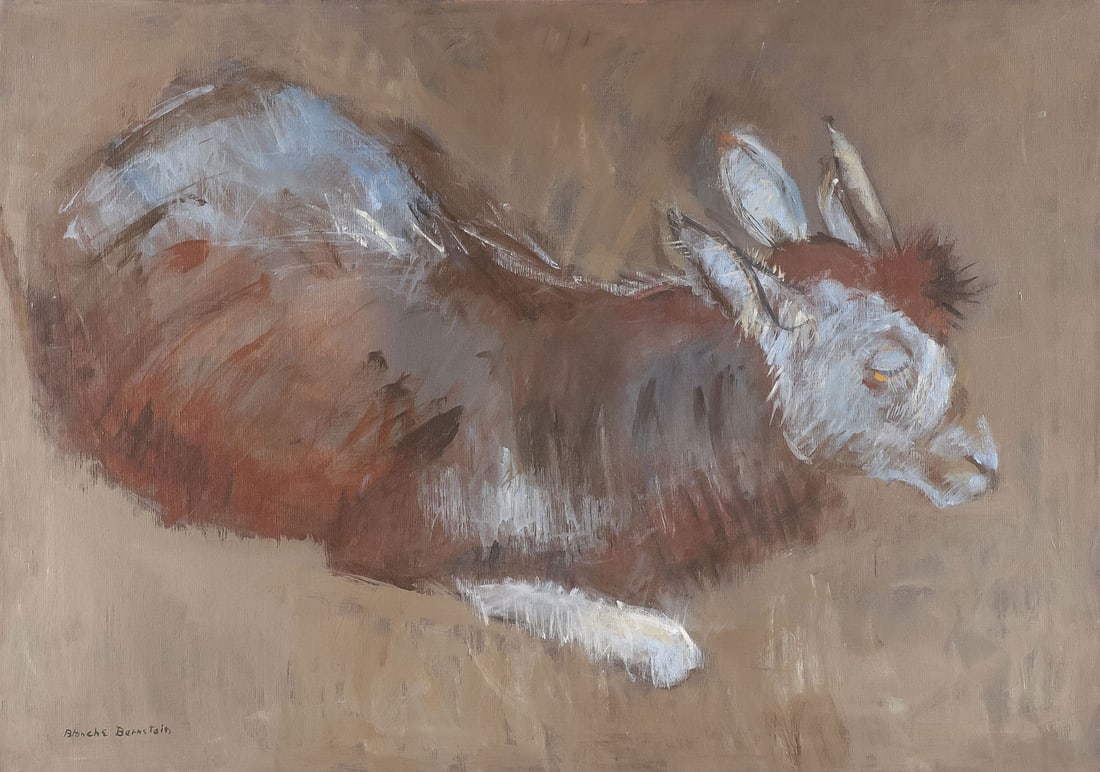 SIGNED PAINTING OF LLAMA: BLANCHE BERNSTAIN (American 1910-1998) Resting Llama Oil on canvas Signed lower left 26.5 x 37 inches, unframed Known for her behind-the-scenes paintings of Ringling Brothers circus figures,