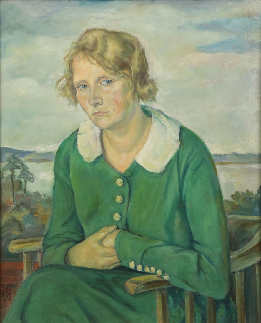 GERMAN PAINTING MONOGRAMMED & DATED 1925: GERMAN SCHOOL (20th century)Portrait of a Melancholy Woman in a Green Dress - 1925Oil on canvasSigned lower left with monogram and dated '2521 x 17 inches (53 x 43cm)SHIPPING NOTI