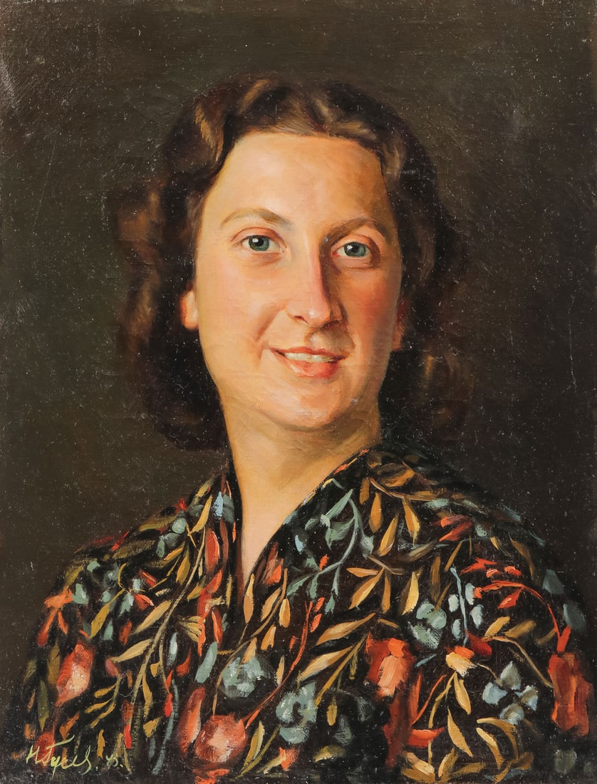 SIGNED & DATED PORTRAIT, 1943: GERMAN SCHOOL (20th century)Portrait of Woman in Colorful Shirt - 1943Oil on canvasIndistinguishably signed and dated lower left- 4317.5 x 13.5 inches (45.5 x 43.3cm), unframedSHI