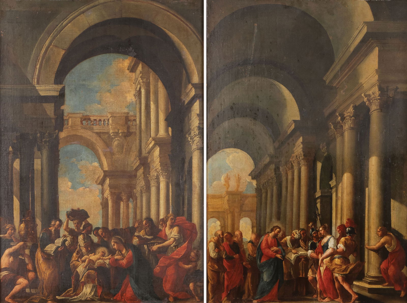 PAIR OF 18TH CENTURY ITALIAN OLD MASTER PAINTINGS: Marco and Sebastiano Ricci (1676-1729 and 1659-1734)The Adoration of the Magi and Christ and the Adulterous Woman - a pair of paintings-circa 1725Oil on canvasUnsigned, verso of each with label insc