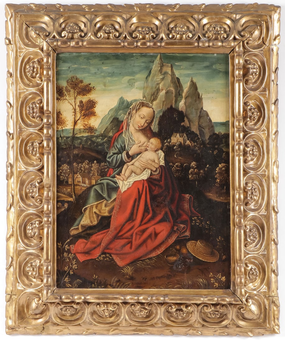 FLEMISH SCHOOL OIL ON WOOD PANEL MADONNA: Follower of Joos Van Cleve (c.1485-1490- 1540/41)A Nursing Madonna and Child or Rest on the Flight into Egypt Oil on wood panel in carved gilt wood frameUnsigned18.75 x 13.75 inches (47.5 x 35cm) Ov