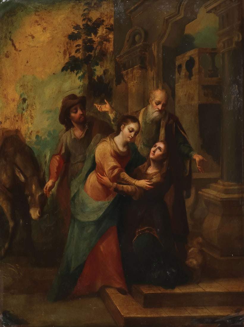SPANISH COLONIAL OIL ON COPPER PAINTING 18TH C: Follower of JOSE DE IBARRA (Mexican 1688-1756) The Visitation Oil on copper Unsigned 19 x 14.5 inches (48 x 37cm). Overall including frame 24.5 x 19.5 inches (62 x 49.5cm) SHIPPING N