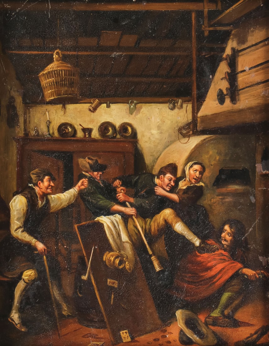 OIL ON COPPER TAVERN SCENE PAINTING: Follower of Jan Steen (Dutch 1626-1679)Brawl in a Tavern Oil on copper in carved gilt frameUnsigned, verso of copper plate etched with cow in landscape and intertwined monogram PM?7.75 x 6 inches (1