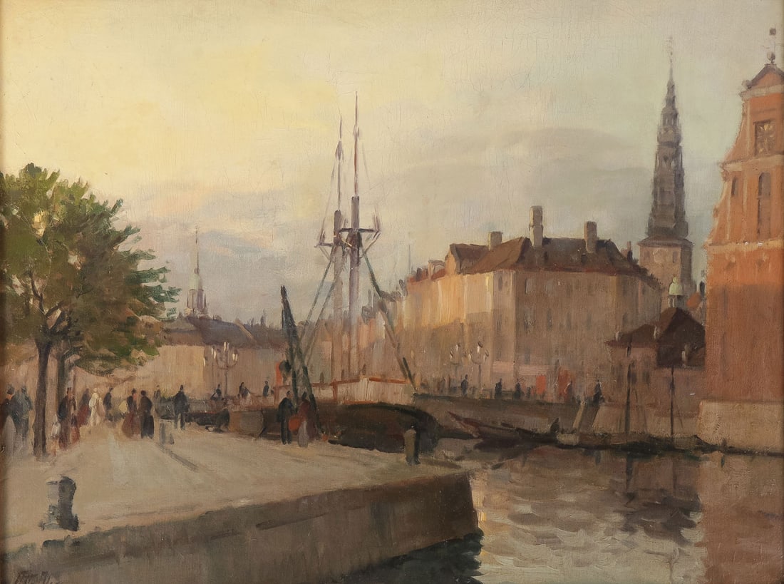 SIGNED SCENE OF COPENHAGEN C. 1920: OTTO OLSEN (Danish b.1886) Copenhagen Canal Scene at Dusk Oil on canvas mounted on board Signed lower left 15.75 x 20.5 inches (40 x 52cm), overall including frame 21.5 x 26.5 inches (54.5 x 67.25cm)