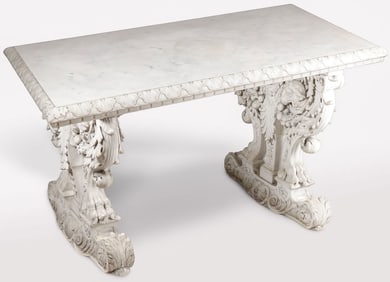 IMPRESSIVE ITALIAN CARVED MARBLE TRESTLE TABLE