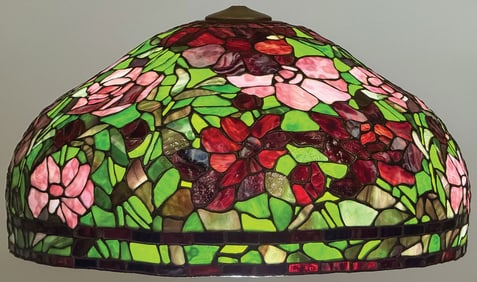 IMPRESSIVE LEADED GLASS PEONY SHADE, C. 1910