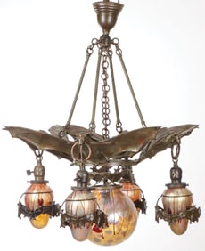 EXCEPTIONAL BRONZE & ART GLASS BAT CHANDELIER